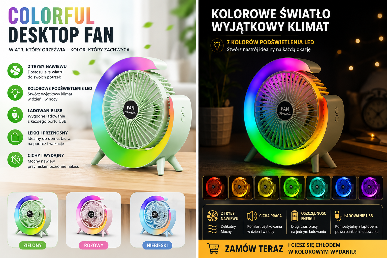 Wentylator biurkowy LED USB – przenośny, cichy, 2 tryby nawiewu