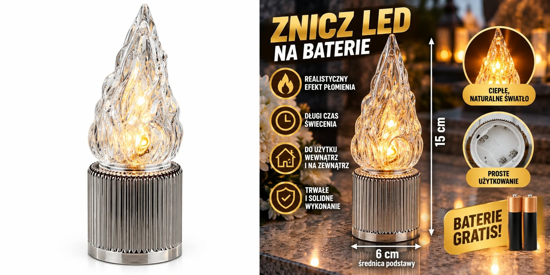 Świeczka LED płomień 15 cm – dekoracyjna lampka Baterie Gratis