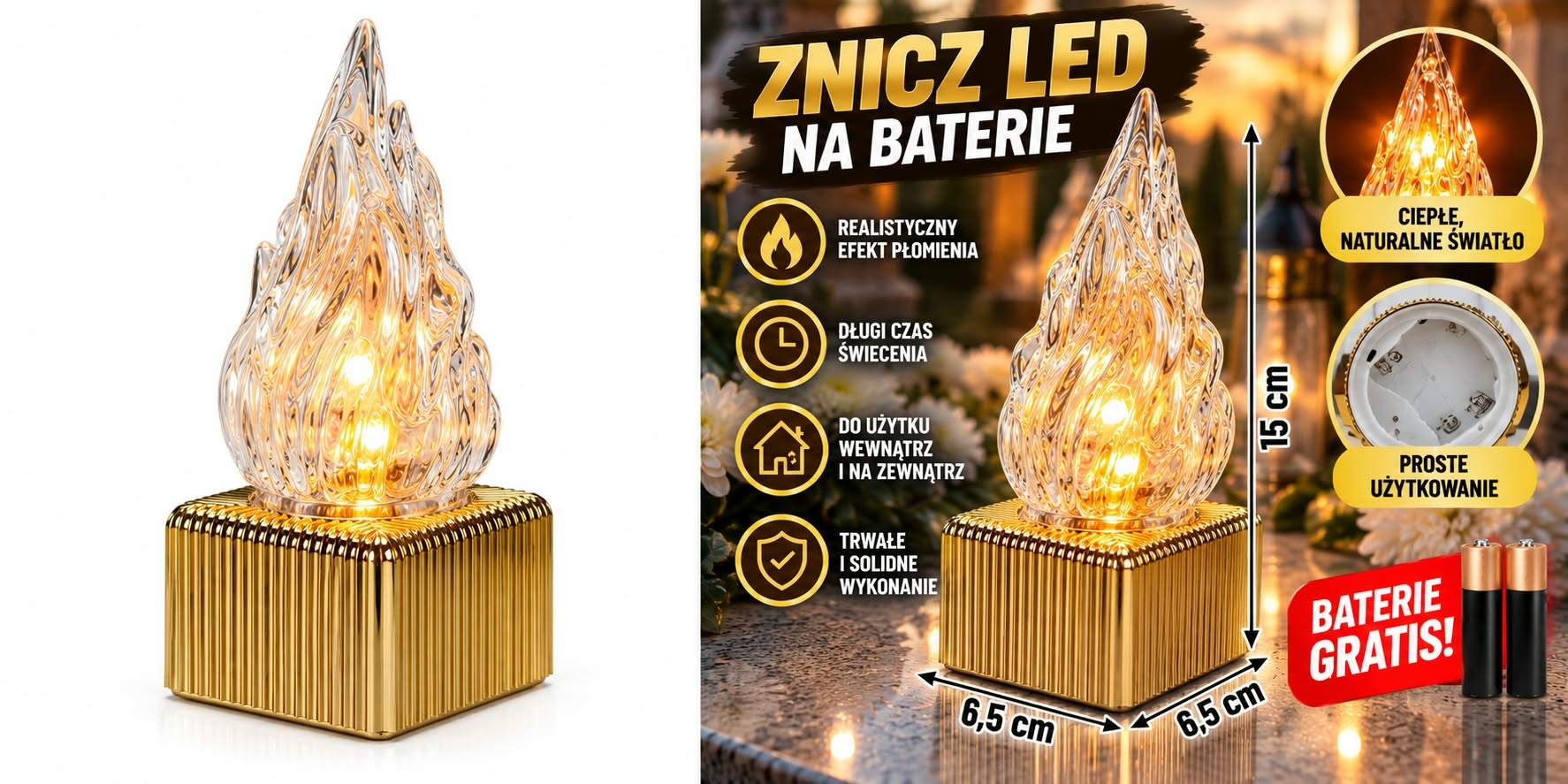 Świeczka LED płomień 15 cm – dekoracyjna lampka Baterie Gratis