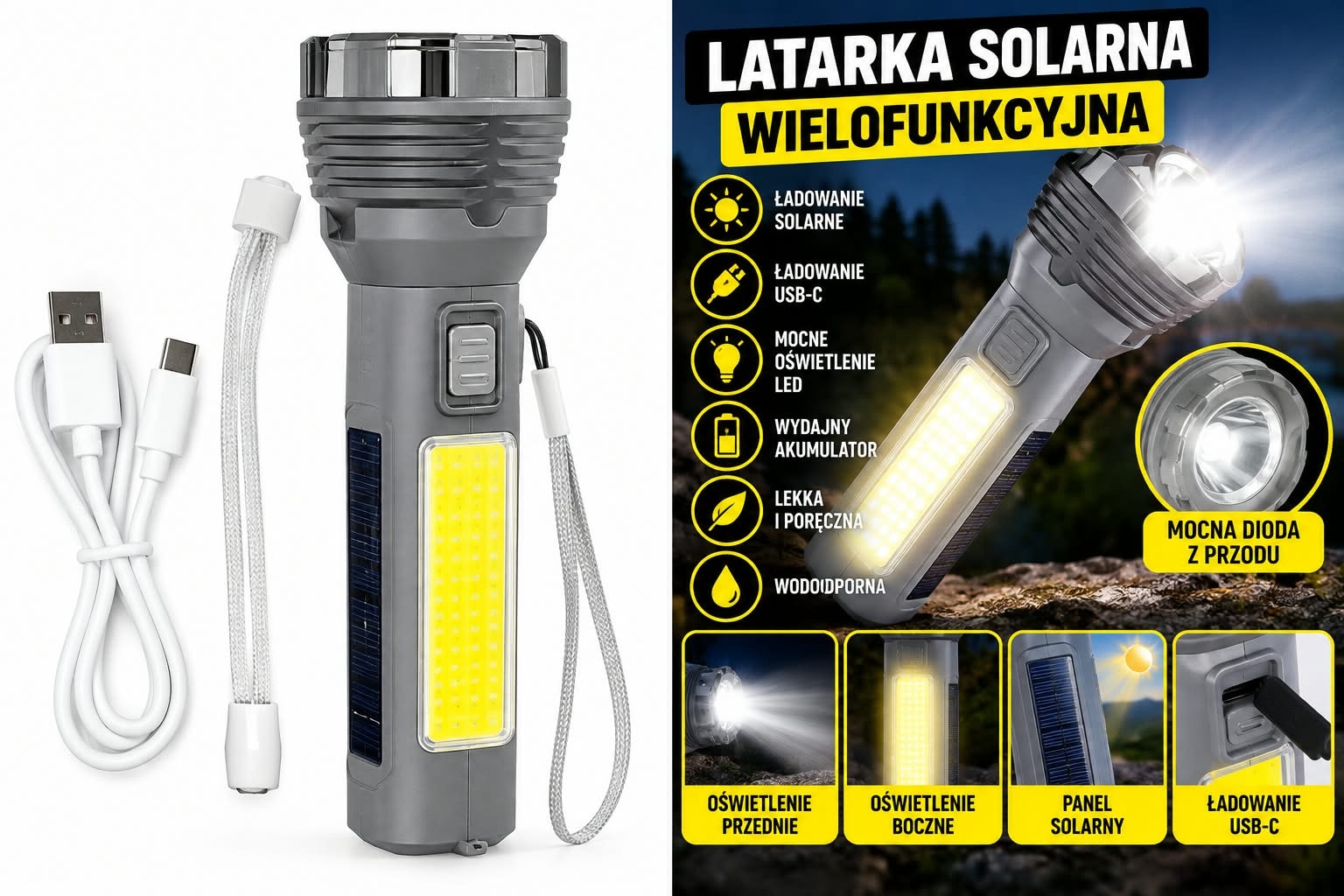 Latarka solarna LED USB-C – wielofunkcyjna, mocne światło