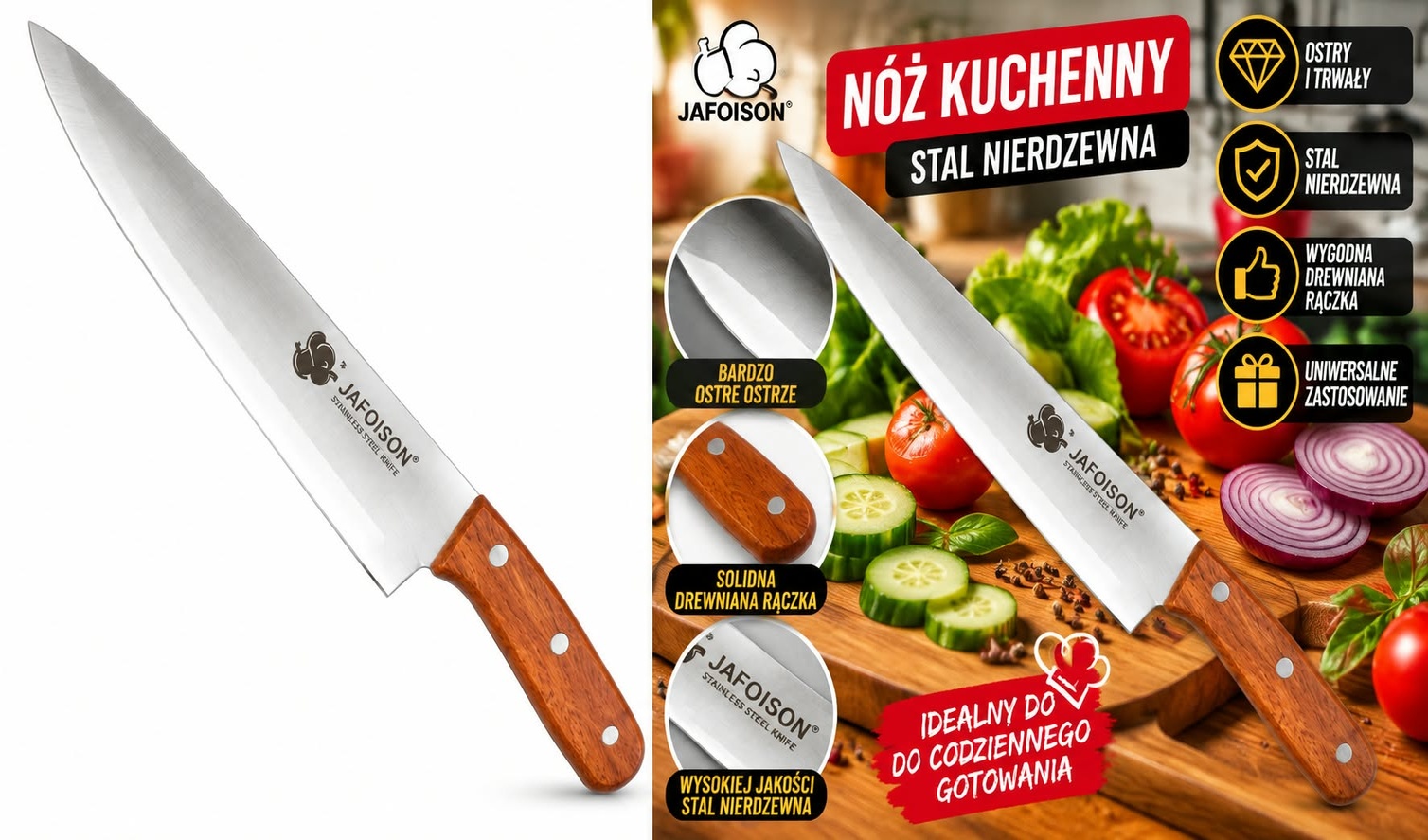 Nóż kuchenny 8" ze stali nierdzewnej – drewniana rączka